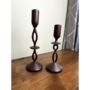 Anthropologie Canela Wooden Candlestick Holders (Pair, 12" and 10" Tall)